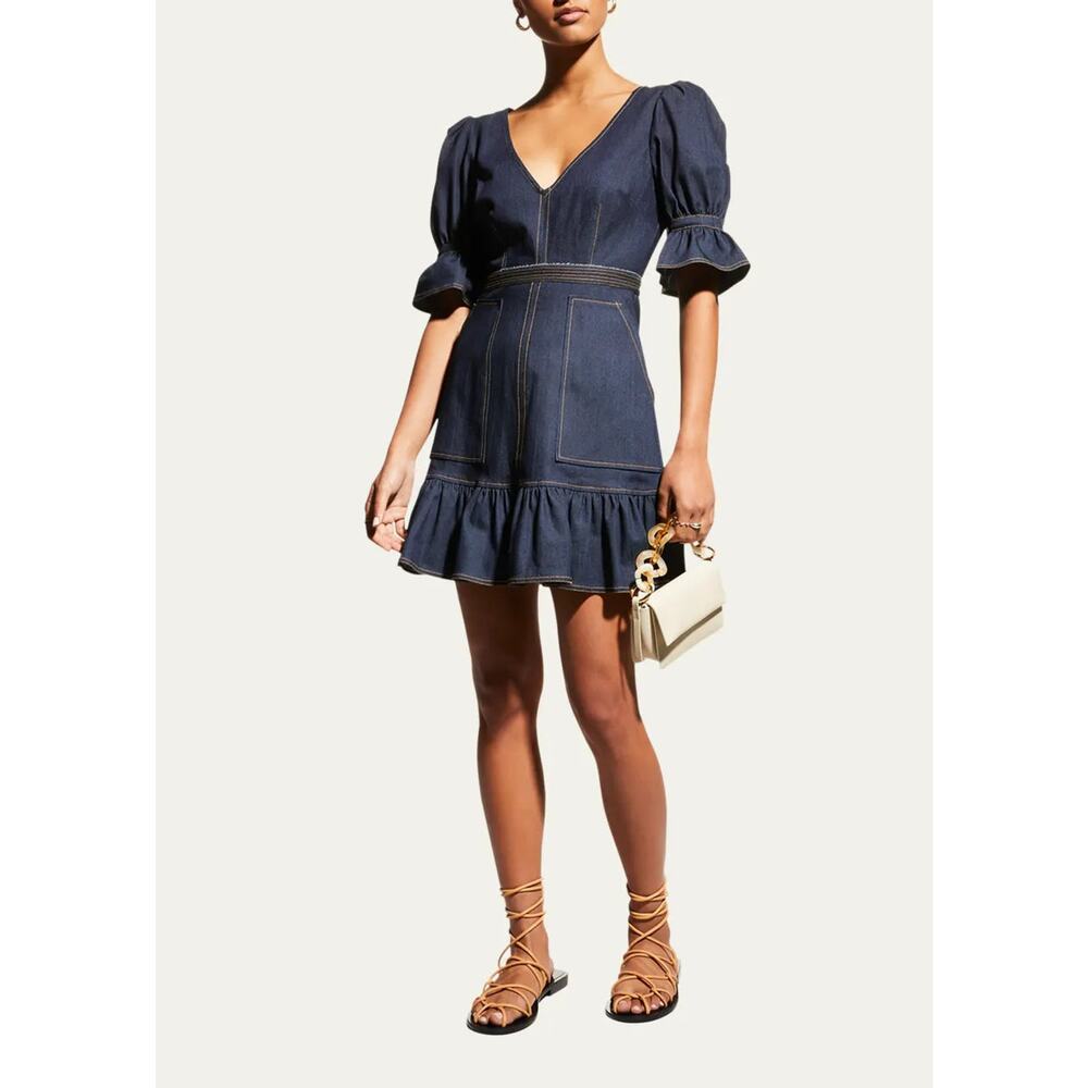 5a7 Cinq a Sept Natasha Puff-Sleeve V-Neck Mini Denim Dress Blue Women's Size 10